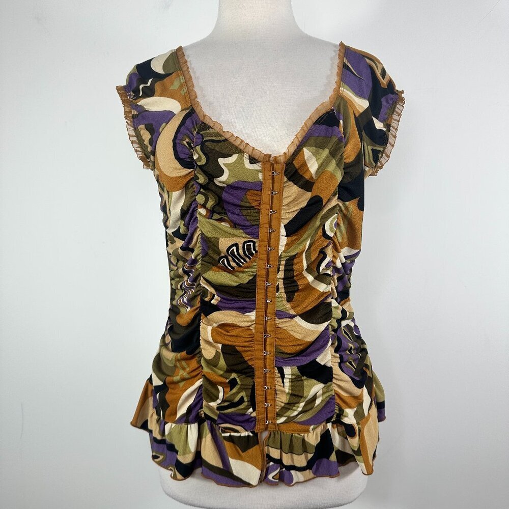 Y2K Dressbarn Multicolor Ruffle Babydoll Top Hoocks Closure Sz M Made in USA